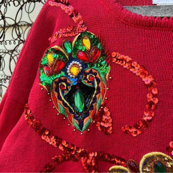 Vintage Joyce red gaudy sequin ornament Mardi Gras sweater - Picture 2 of 7